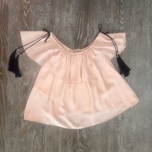 Cinc a Sept blush silk off the shoulder blouse w black tassel detail-size XS